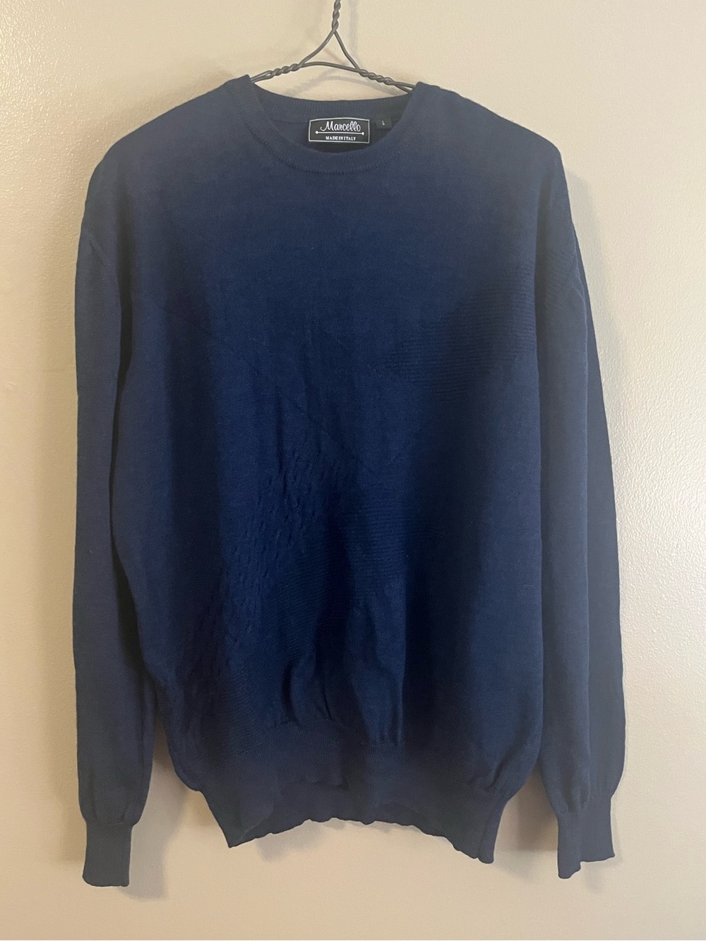 Marcello Italy Navy Blue Merino Wool Crew Neck Sweater Large